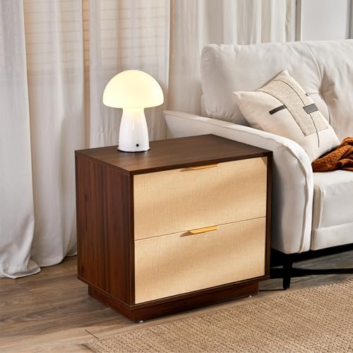 Saint Mossi Rattan Nightstands Set of 2 - Boho Bed Side Tables with 2 Storage Drawers, Mid Century Modern Sofa End Tables for Living Room, Walnut Finish with Golden Handle, W23xD15xH21 - size: 2 Set 2 Drawer
