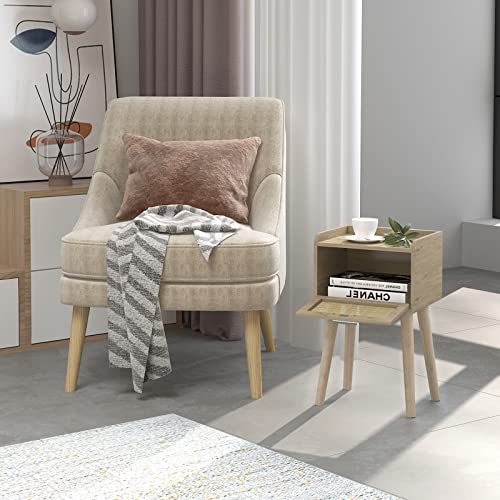 LAATOOREE Nightstand Set of 2, Small Bedside Table, End Table with Rattan Door, Boho Side Table with Solid Wood Legs for Bedroom Living Room Small Space - color: Natural, style: Boho Style