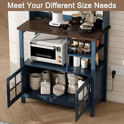 ChooChoo Farmhouse Coffee Bar Cabinet with Storage, Bakers Rack with Power Outlets, Microwave Stand Kitchen Cabinet with Hutch and 6 Hooks, Blue - color: Blue