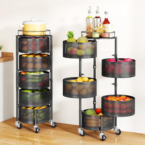 SAYZH Fruit Vegetable Basket for Kitchen, Rotating Storage Rack, 5 Tier Rolling Cart with top lid, Large Metal Wire Wheels, Black - color: Black