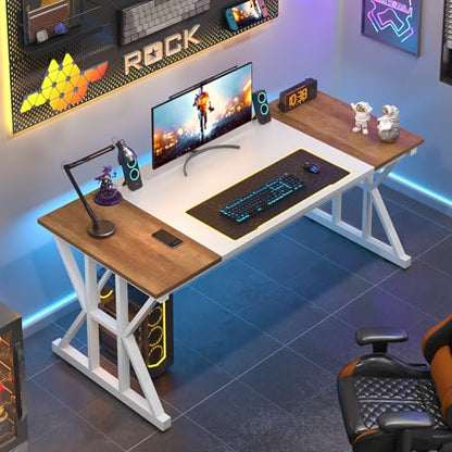TVU Computer Desk, 55 inch Large Office Desk, Study Writing Table with Thicken Frame, Gaming Desk, Modern Simple Desk for Home Office, Brown/White - color: Brown+white, size: 55inch