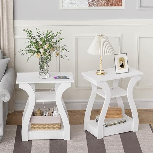 FROMJBEST End Tables Living Room Set of 2,End White Table with Charging Station, Side Table, Nightstand for Bedroom, 3 Tier End Table with Storage Shelf for Living Room White - color: White01