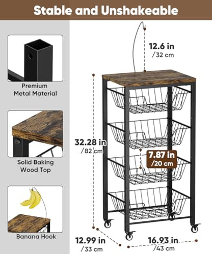 Fruit Vegetable Storage Cart for Kitchen, 5-Tier Vegetable Stand Rack with Pull-Out Fruit Baskets, Rolling Snack Cart with Wood Top & Banana Holder for Pantry, Living Room, Bathroom, Black - style: Black