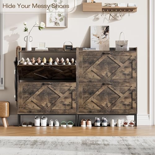 Nicetree Shoe Cabinet with 2 Flip Drawers, Entryway Organizer, Chestnut | Slim Wood Shoe Rack with Metal Legs, Farmhouse Shoe Cabinet Storage for Entryway, Foyer, Hallway, Shoe Dresser with Hook - color: Chestnut