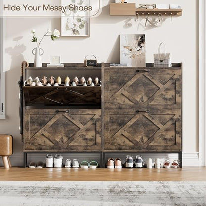 Nicetree Shoe Cabinet with 2 Flip Drawers, Entryway Organizer, Chestnut | Slim Wood Shoe Rack with Metal Legs, Farmhouse Shoe Cabinet Storage for Entryway, Foyer, Hallway, Shoe Dresser with Hook - color: Chestnut