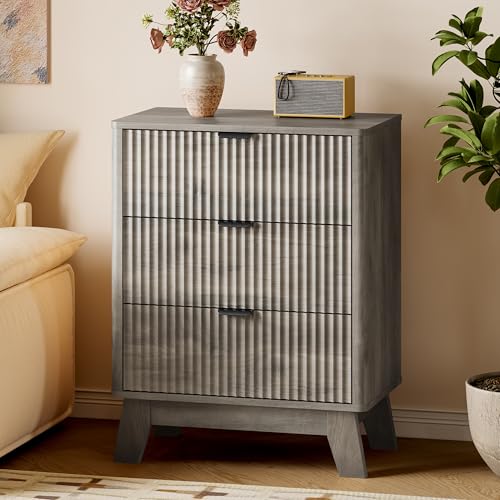 BORNOON Fluted Night Stand, 3 Drawer Bedside Table Dresser with Metal Handles, End Side Table Storage Cabinet for Bedroom - color: Grey, size: Rounded Edge