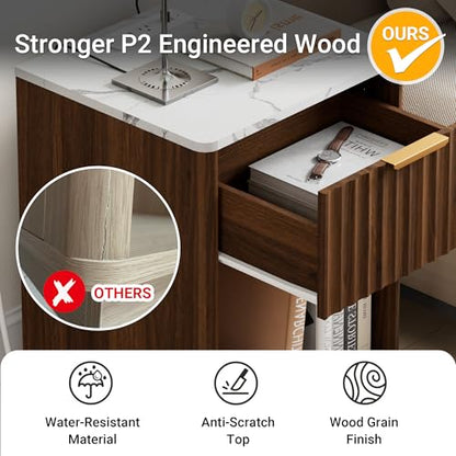 Fluted Nightstand, Night Stand Set 2, Walnut Nightstands Set of 2 with Charging Station and Faux Marble Top, Modern End Table with Drawer & Open Shelf, Bedside Table for Bedroom Living Room - color: Walnut + Faux Marble Top, size: 1 Drawer（18"W）