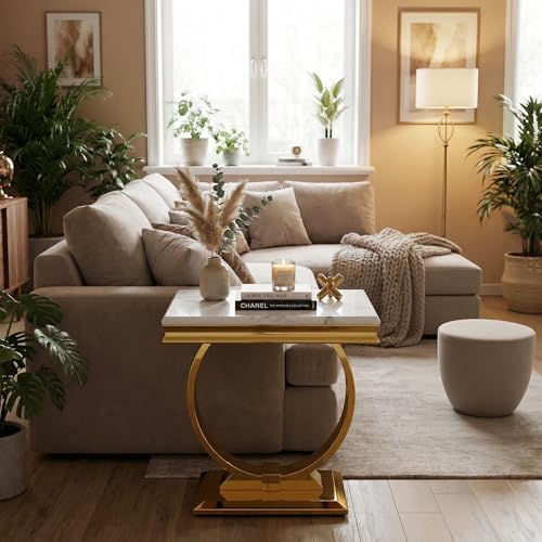Asday Gold End Side Table, White Side Table for Living Room, Bedroom, Stable End Table with U-Shaped Polished Gold Base and Square Bottom Plate - color: White, size: Set of 1
