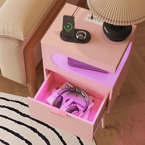 Veegle Nightstand,Modern Bedside Table with Storage Drawer and Open Wood Shelf, Accent Night Stand with Solid Wood Legs for Living Room, Bedroom and Small Spaces,Easy Assembly (Pink-1) - color: Pink-1