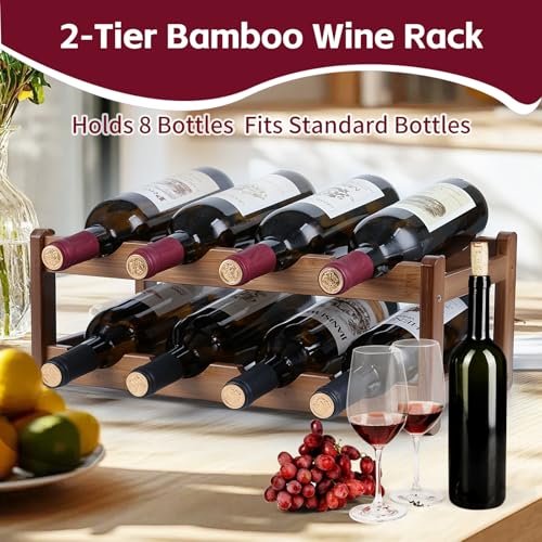 Bamboo Wine Rack, Walnut Finish 2-Tier Freestanding Storage Shelf, Holds 8 Bottles, Space Saving Countertop Cabinet Organizer for Basement, Kitchen, Pantry, Dining Room, Bar - color: 8 Bottles Walnut
