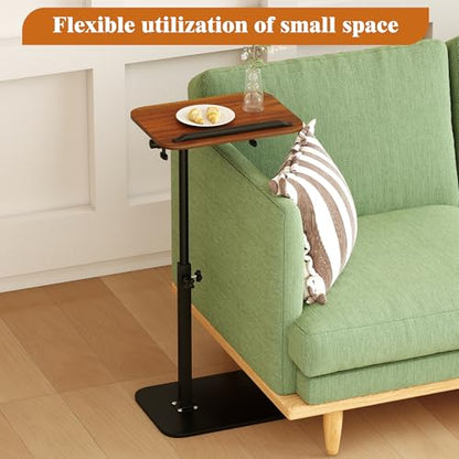 FuturelOT Sofa Couch Arm Table Tv Tray Small Bedside Table C Shaped Adjustable Height Side End Tables for Living Room, Bedroom, Bedside Walnut - color: Walnut + Black