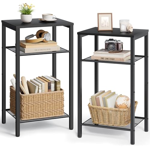 Hoctieon 2-Set 3 Tier End Table, Telephone Table Set of 2, Tall Side Table with Storage Set of 2, Small Nightstand for Small Spaces, Metal Frame, for Living Room, Bedroom, Sofa Couch, Black - color: Black, size: 2 Pack
