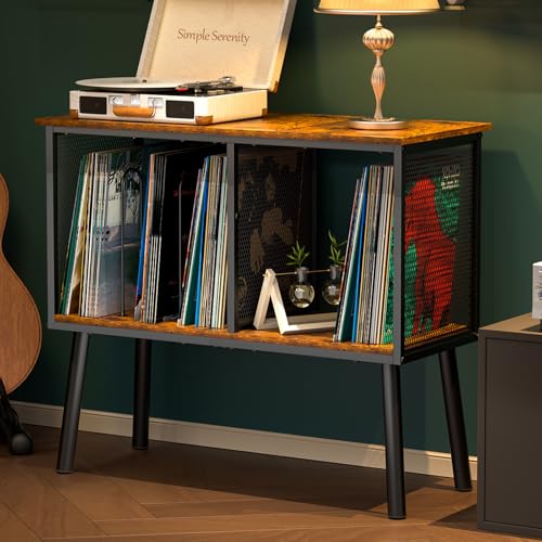 Record Player Stand with Adjustable Divider Vinyl Storage Holder Up to 200 Albums Mid-Century Large Record Player Table Vinyl Holder Turntable Stand End Table for Bedroom & Living Room, Patent Pending