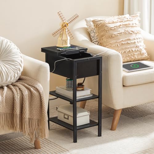 HOOBRO Side Table, Flip End Table with Charging Station and Shelves, USB Ports & Power Outlets, Narrow Nightstand for Small Spaces, Stable and Sturdy, for Living Room, Black BK341BZ01 - color: Black