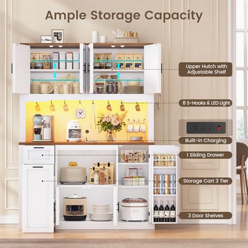 Itaar 71" Pantry Cabinet with Charging Station and LED Light, Kitchen Pantry Cabinet with Microwave Stand, 47.2" Wide Kitchen Storage Cabinets with Storage Cart 3 Tier for Dining Room, White - color: White