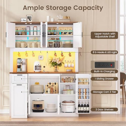 Itaar 71" Pantry Cabinet with Charging Station and LED Light, Kitchen Pantry Cabinet with Microwave Stand, 47.2" Wide Kitchen Storage Cabinets with Storage Cart 3 Tier for Dining Room, White - color: White