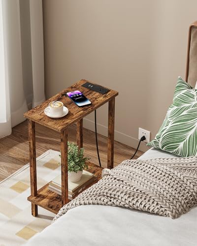 TUTOTAK Small End Table with Charging Station, Narrow Side Table with USB Ports and Outlets, Skinny Sofa Table, Slim Nightstand, Living Room, Bed Room, Pure Brown TB01BB060C - color: Pure Brown, size: 2-tier