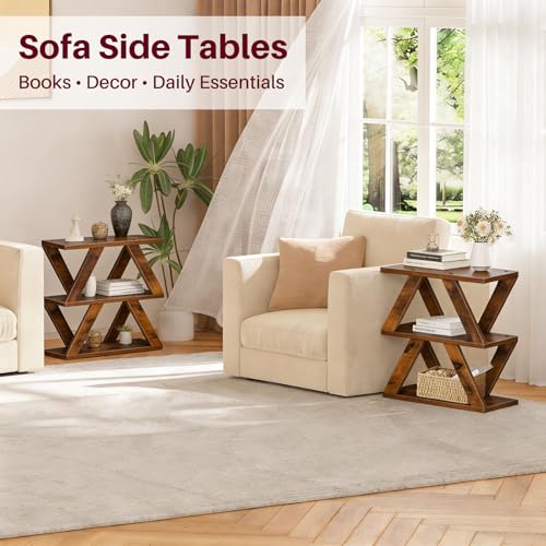 Set of 2 Side Table, 3 Tier Side Table with Side Guard Rails & Anti-Slip Pads, Narrow End Table for Small Spaces, Slim Nightstand with Storage Shelves for Bedroom, Living Room, Rustic Brown - color: Rustic Brown