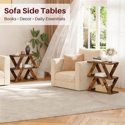 Set of 2 Side Table, 3 Tier Side Table with Side Guard Rails & Anti-Slip Pads, Narrow End Table for Small Spaces, Slim Nightstand with Storage Shelves for Bedroom, Living Room, Rustic Brown - color: Rustic Brown