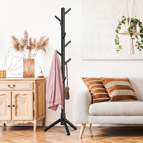 Simple Houseware Wooden Coat Rack Stand, Hall Tree with 9 Hooks, Black | Adjustable Tree Rack for Entryway, Hallway, Bedroom, Office - color: Black, style: Wooden
