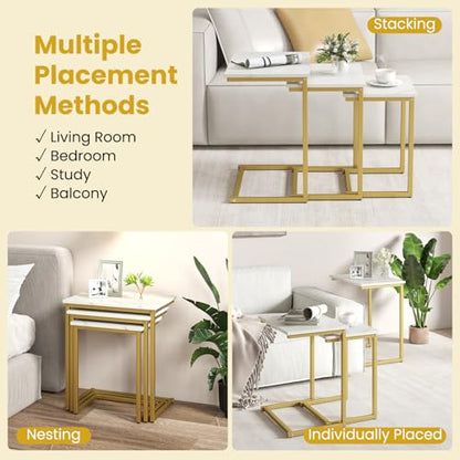 GOFLAME Nesting Coffee Tables Set of 3, Rectangular Nesting Center Table with Faux Marble Top & Metal Frame, Modern C-Shaped Nested Side Table Set for Living Room, Bedroom, Gold & White - color: Gold & White