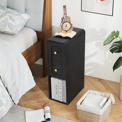 Narrow Nightstand with 2 Drawers, Small Bedside Tables, Mid-Century Modern Slim Night Stand with Storage, Wooden End Table for Small Spaces, Bedroom, Living Room (Black-1PCS) - color: 2drawers-black-1pcs