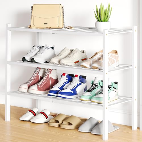 Smiry Bamboo Shoe Rack, 12 Vertical Slats, 3 Tier - 26.8" Wide, White | Stackable Free Standing Wooden Shoe Organizer, Wood Shoe Storage Shelf for Closet, Entryway - color: White, size: 26.80" Wide - 3 Tier - Regular