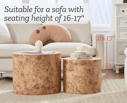 EALSON Nesting Coffee Tables Set of 2 Farmhouse Small Round End Tables Modern Wood Circle Side Table Drum Table for Living Room Small Spaces Bedroom Balcony, No Assembly, Natural Burl - color: Natural Burl