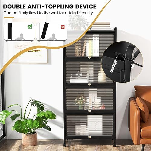 5-Tier Kitchen Storage Cabinet, Mobile Microwave Stand with Metal Frame, 4 Lockable Casters & Flip-up PC Doors, Freestanding Bakers Rack for Kitchen, Dining Room, Living Room (Black) - color: Black