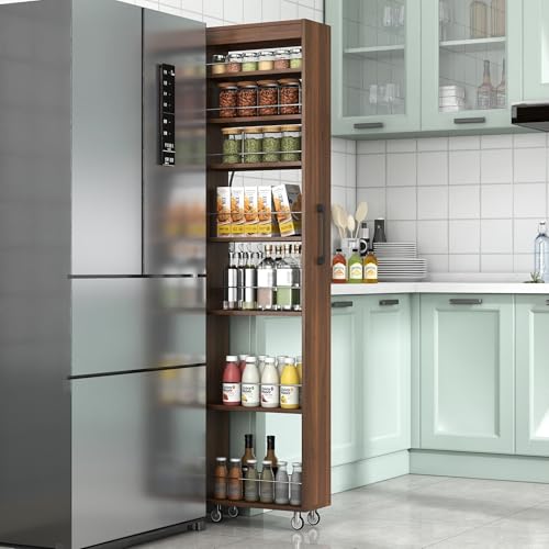 KEIKI 7 Tier Pull-Out Kitchen Pantry Storage Cabinet, Multi-Tier Single-Sided Open Shelf, Spice Rack Next to Fridge, Wood Hutch Food Pantries Cupboard for Coffee Bar, Dining Room, Narrow Spaces - color: Walnut