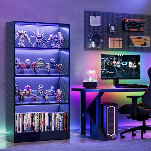 CODACE Tall Wooden 4-Tier Black Bookshelf - Display Cabinet with LED Lights | Lighted Book Shelves, Display Case for Collectibles, Manga ,Figures, Modern Bookcase for Bedroom, Living Room, Gaming room - size: 4 Tiers - 10.2"D x 27.6"W x 59.1"H