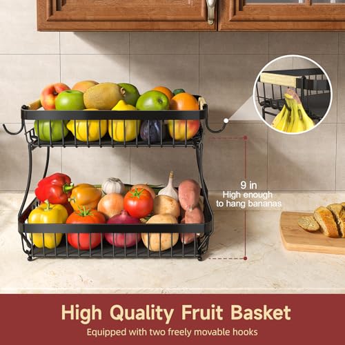 Sevenblue 2-Tier Fruit Basket with Banana Hangers, Detachable Metal Bowl | Wooden handle, protective mats included. Versatile holder for bread, snacks, and veggies. Extra Large 2 tier metal design. - color: Black, size: 2 Tier Extra Large