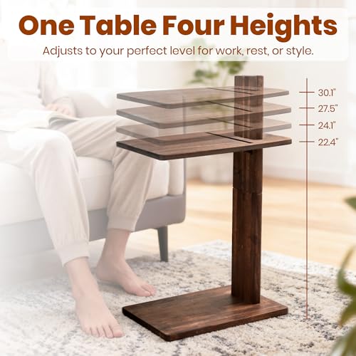 C Table, Premium Solid Acacia Wood, Adjustble Hight and Tablet Holder, Side Tabel for Sofa and Bad