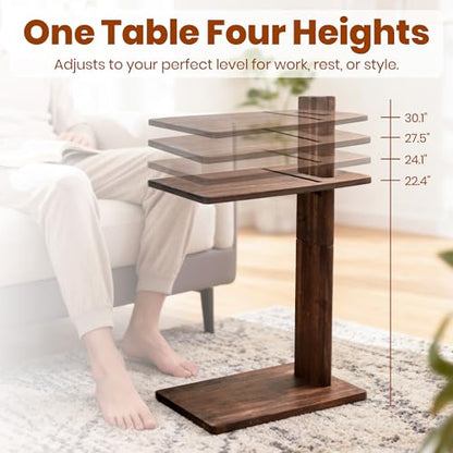 C Table, Premium Solid Acacia Wood, Adjustble Hight and Tablet Holder, Side Tabel for Sofa and Bad
