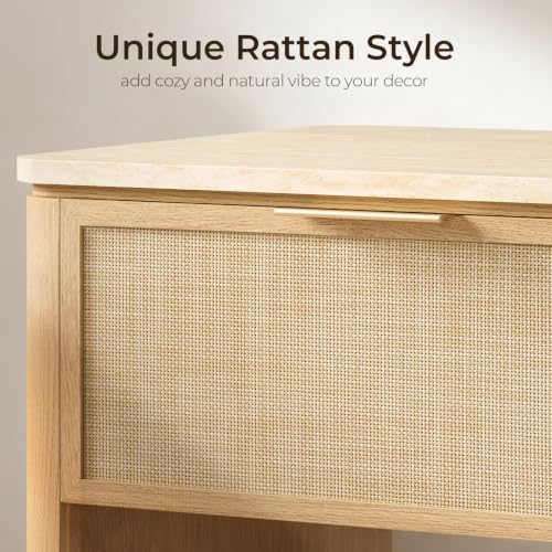 Night Stand, 23.11" W Rattan Nightstand with 1 Drawer and Open Shelf, Faux Marble Top Bedside Table, Boho Mid Century End Table for Bedroom Living Room Sofa Office, Natural Oak [FSC Certified] - color: Natural Oak, size: 15.63"D x 23.11"W x 23.94"H（1 Draw