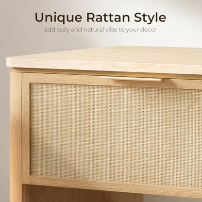Night Stand, 23.11" W Rattan Nightstand with 1 Drawer and Open Shelf, Faux Marble Top Bedside Table, Boho Mid Century End Table for Bedroom Living Room Sofa Office, Natural Oak [FSC Certified] - color: Natural Oak, size: 15.63"D x 23.11"W x 23.94"H（1 Draw