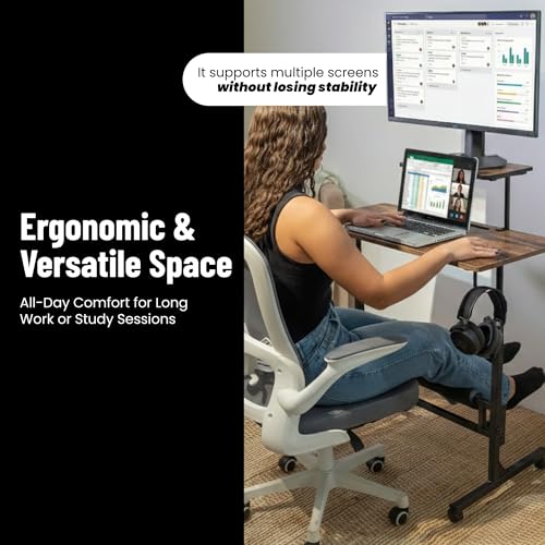 Small Rolling Desk with Wheels, Adjustable Height 27"-43.3" Portable Standing Desk, 31.5"x15.7" Tabletop, Mobile Laptop Computer Table for Home Office Workstation, Rustic Brown - color: Rustic Brown