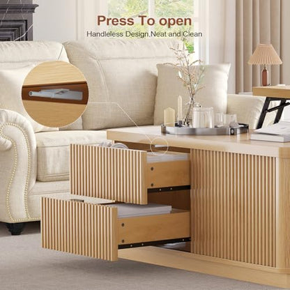 Itaar 39.4'' Lift Top Coffee Table with Storage, Fluted Coffee Tables for Living Room, Square Coffee Table with Large Hidden Compartment & 2 Drawrs & Adjustables Shelves, Oak - color: Oak