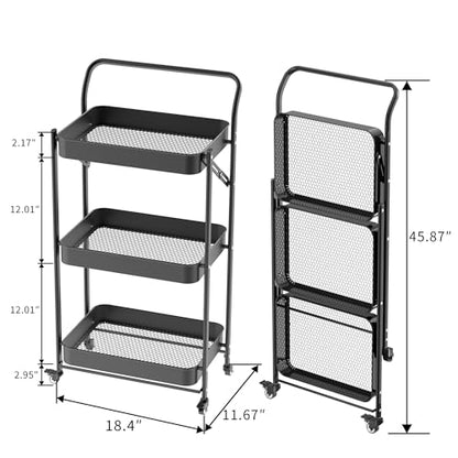 JAQ No Assembly Foldable Rolling Cart, 3 Tier Black Metal Folding Utility Cart with Handle, Heavy Duty Mobile Storage Organizer on Wheels for Office, Garage, Tools & Kitchen (Black) - color: Black/3-tier