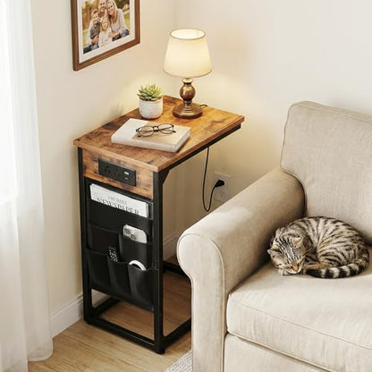AMHANCIBLE C Shaped End Table with Charging Station, Couch Side Tables that Slide Under Sofa with Storage Bag, Slim TV Tray with USB Ports for Living Room, Bedroom, Rustic Brown HET04CBR - color: Rustic Brown