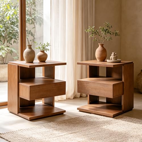 Christopher Knight Home 22" Mid Century Modern Nightstand Set of 2, Wooden Bedside Table with Drawer & 3 Tier Open Shelves, Small Side End Table Night Stand for Bedroom Living Room Small Space, Brown - color: Brown, size: 2pcs