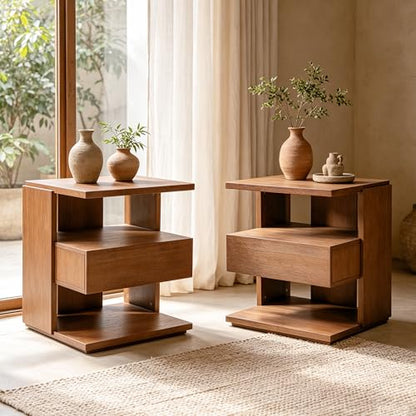 Christopher Knight Home 22" Mid Century Modern Nightstand Set of 2, Wooden Bedside Table with Drawer & 3 Tier Open Shelves, Small Side End Table Night Stand for Bedroom Living Room Small Space, Brown - color: Brown, size: 2pcs