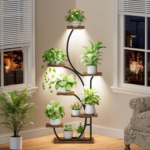 Plant Stand Indoor with Grow Lights, 7 Tier Lighted Corner Plant Shelf, 57" | Tall Plant Stands with Full Spectrum Light for Growing, Metal S-Shaped Flower Display Holder for Home, Office, Black