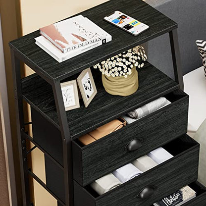 Furnulem Black Dresser with 5 Drawers, Vertical Storage Tower Fabric Dresser for Bedroom, Hallway, Entryway, Nursery, Closet Organizer, Nightstand Bedside Table Furniture, Sturdy Steel Frame, Wood Top - color: Black Oak, style: 5 Drawers