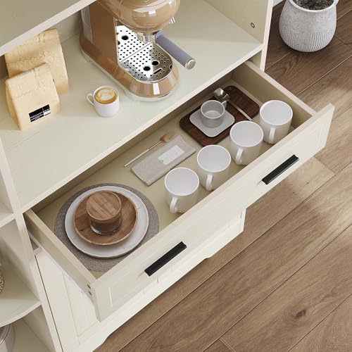 DWVO 67" Farmhouse Baker Rack with Power Outlets & Microwave Stand, White | Buffet Sideboard Cupboard Hutch with Drawer for Kitchen, Living Room, and Dining Room - color: White