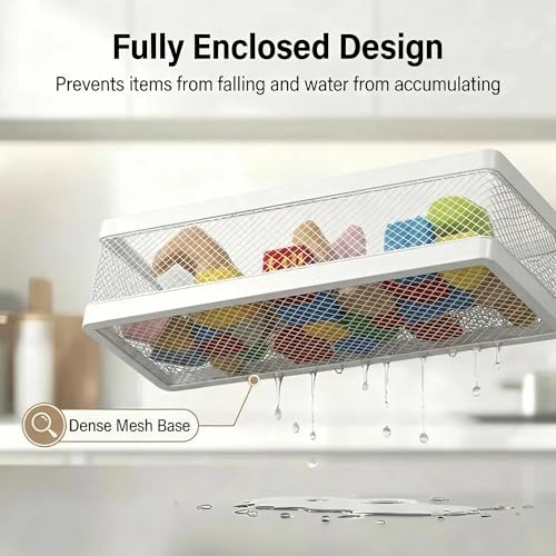 PUSDON 5-in-1 16.5" Extra Long Slim Wall Mount Wrapped Mesh Kitchen Organizer & Shower Caddy Kit, with Paper Towel Holder, Utensil Holder, Soap Dish, Holds 50LBS - White, Netting - color: White, size: 5-in-1 Full Mesh (16.5" Extra Long)
