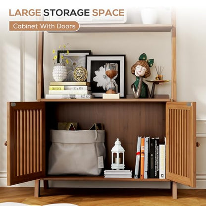 Bookcase with Drawers, 4-Tier Bamboo Bookshelf Ladder Shelf with 6 Hooks, Tall Narrow Retro Book Shelf, 24.8"L x 10.6"W x 59.5"H, Standing Storage Organizer for Living Room, Office, Bedroom, Walnut - color: 4-tier Walnut