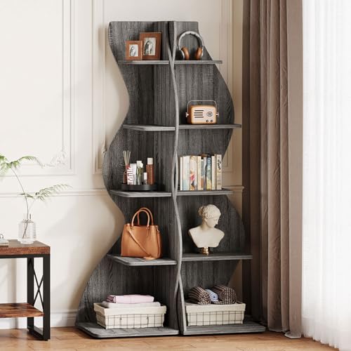 Tribesigns Wavy Corner Shelf Set of 2, Modern 5-Tier Bookshelf Etagere Bookcase with Curvy Shape, Unique Plant Stand Display Shelf for Living Room Small Space (Gray) - color: Grey