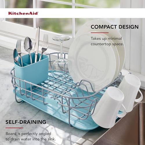 KitchenAid Low Profile Compact Dishrack with Removable Flatware Caddy and Angled Self-Draining Board, Rust Resistant Wires, 12.59 x 17.55 x 6.29 Inch, Mineral Water - color: Mineral Water, size: Low Profile