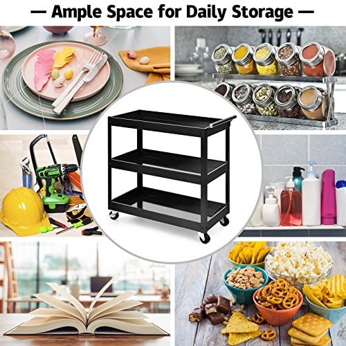 3 Tier Rolling Cart, Utility Cart on Wheels with 330lbs Load Capacity & Ergonomic Handle, Tool Cart Organizer Service Carts for Garage, Office, Library, Workshop (Black) - size: 2.5" Wheels
